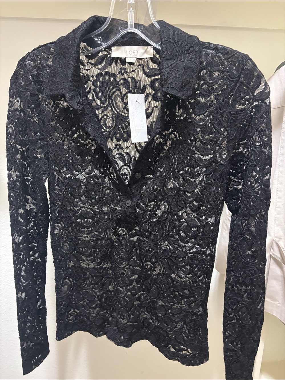 LOFT Black Sheer Lace Long-Sleeve Button-Up Top NWT